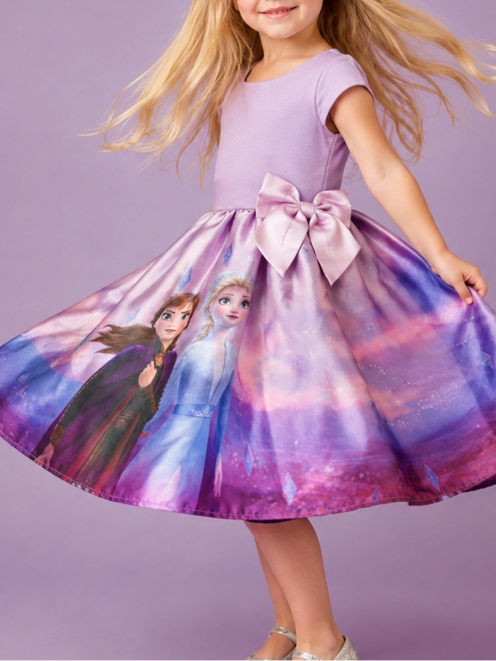 H&M DISNEY Frozen 2 Anna Elsa Bow Party Dress Princess Purple Twirl Dress 4-6 Y